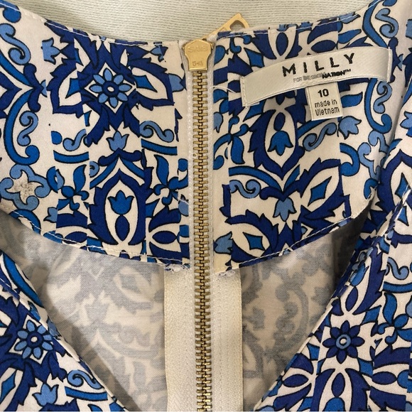 Milly dress 10 fit and flare skater blue white floral paisley pockets Zipper - Picture 4 of 16